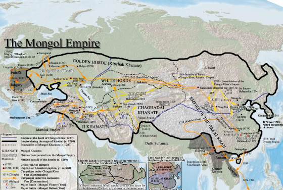 Империя Чингисхана и его Наследников в границах современной карты мира.