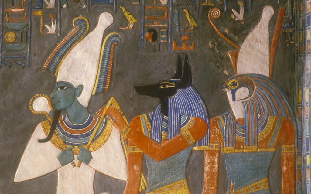 Боги Осирис, Анубис и Гор. Настенная роспись в гробнице Хоремхеба